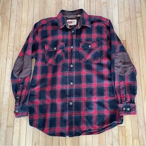 Field & Forest red + black plaid flannel shirt with brown leather elbow patches